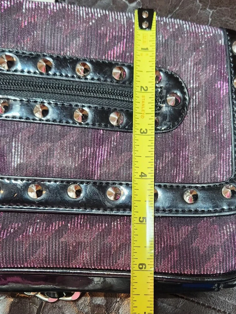 Y2K Betseyville Crossbody Chain Purse Metal Studs Rocker Purple Pink Shimmer